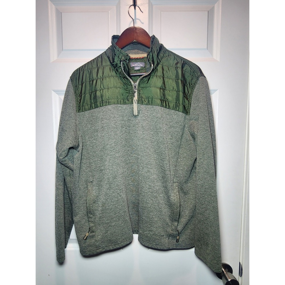 Eddie Bauer Mens Large Hybrid Quarter Zip Pullover Quilted Yoke Grey Green L